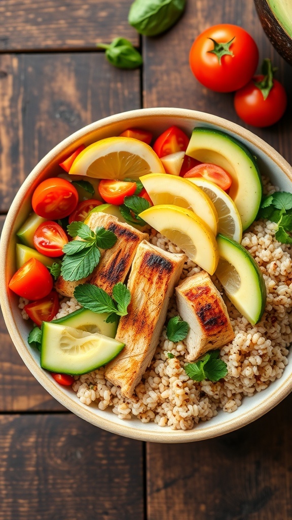 A healthy chicken quinoa bowl with grilled chicken, quinoa, cherry tomatoes, cucumber, and avocado, garnished with herbs and lemon.